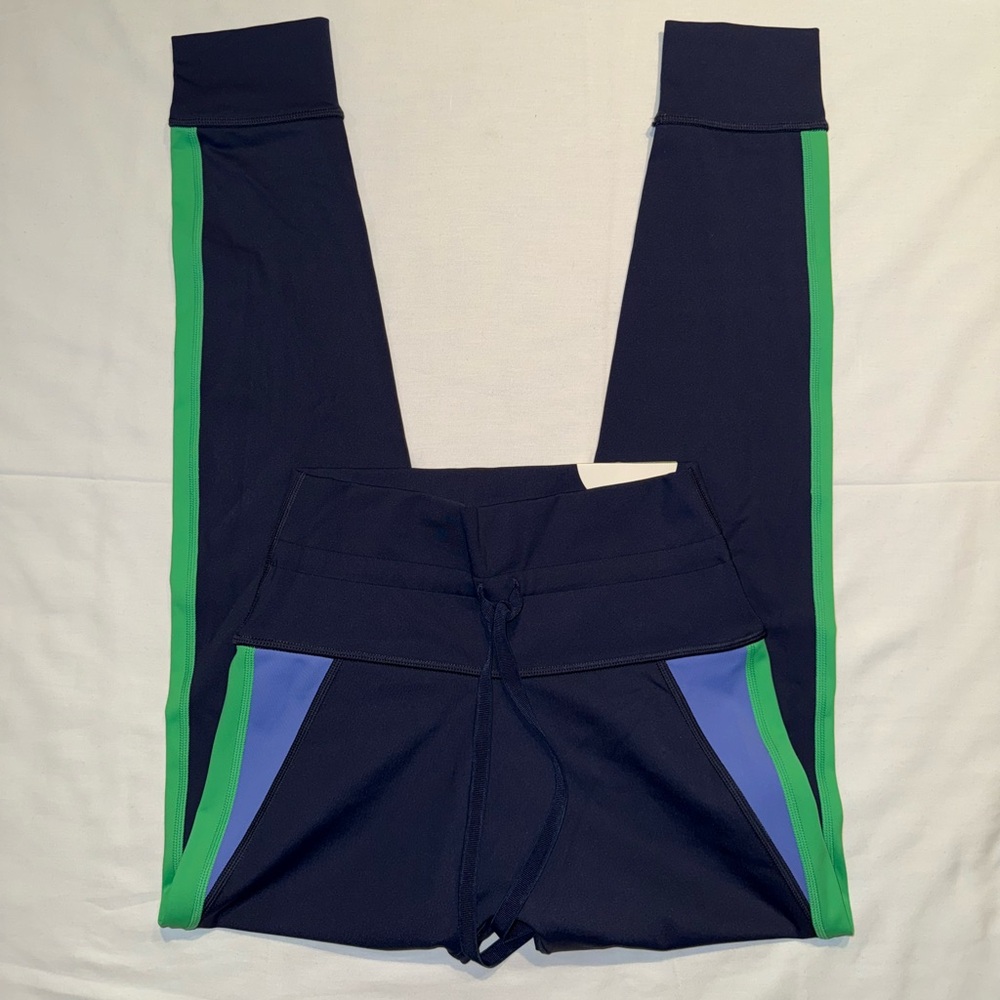 aerie Navy Leggings with Green and Periwinkle Side Stripes
